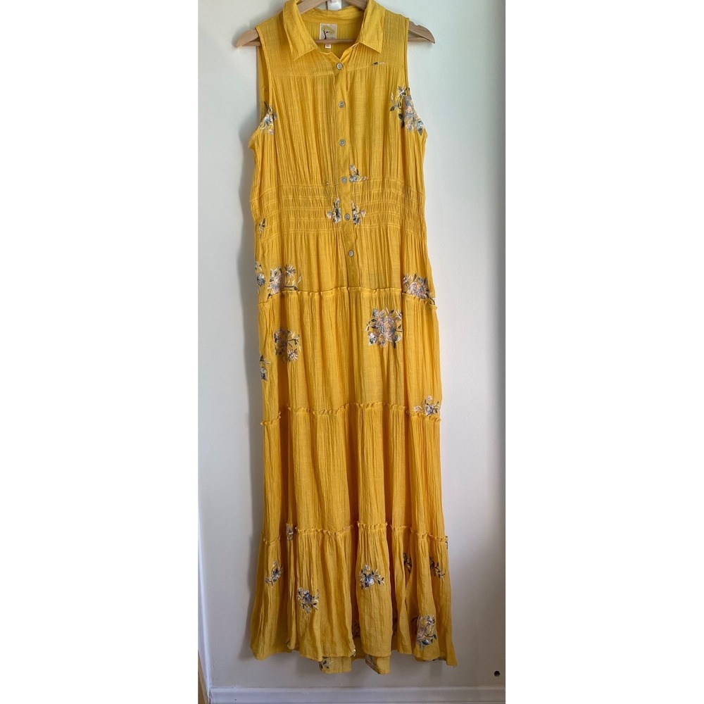 Fig and Flower Maxi Dress Large Yellow Embroidered Tiered Boho Cottagecore